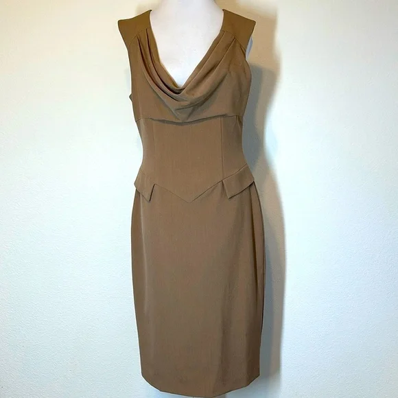 Boston Proper Cowl Neckline Sheath Dress Taupe Tan Size 10 - Picture 2 of 14